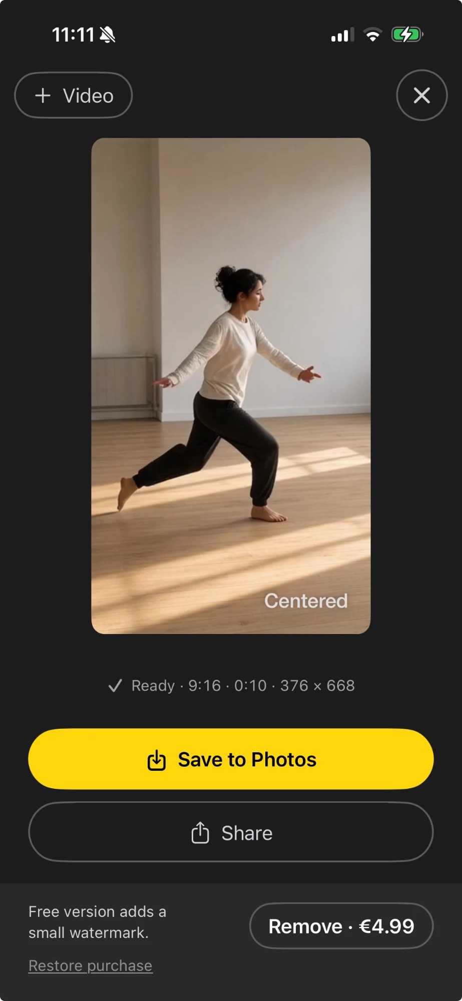 Export screen: the finished 9:16 video of the dancer, ready to save to Photos