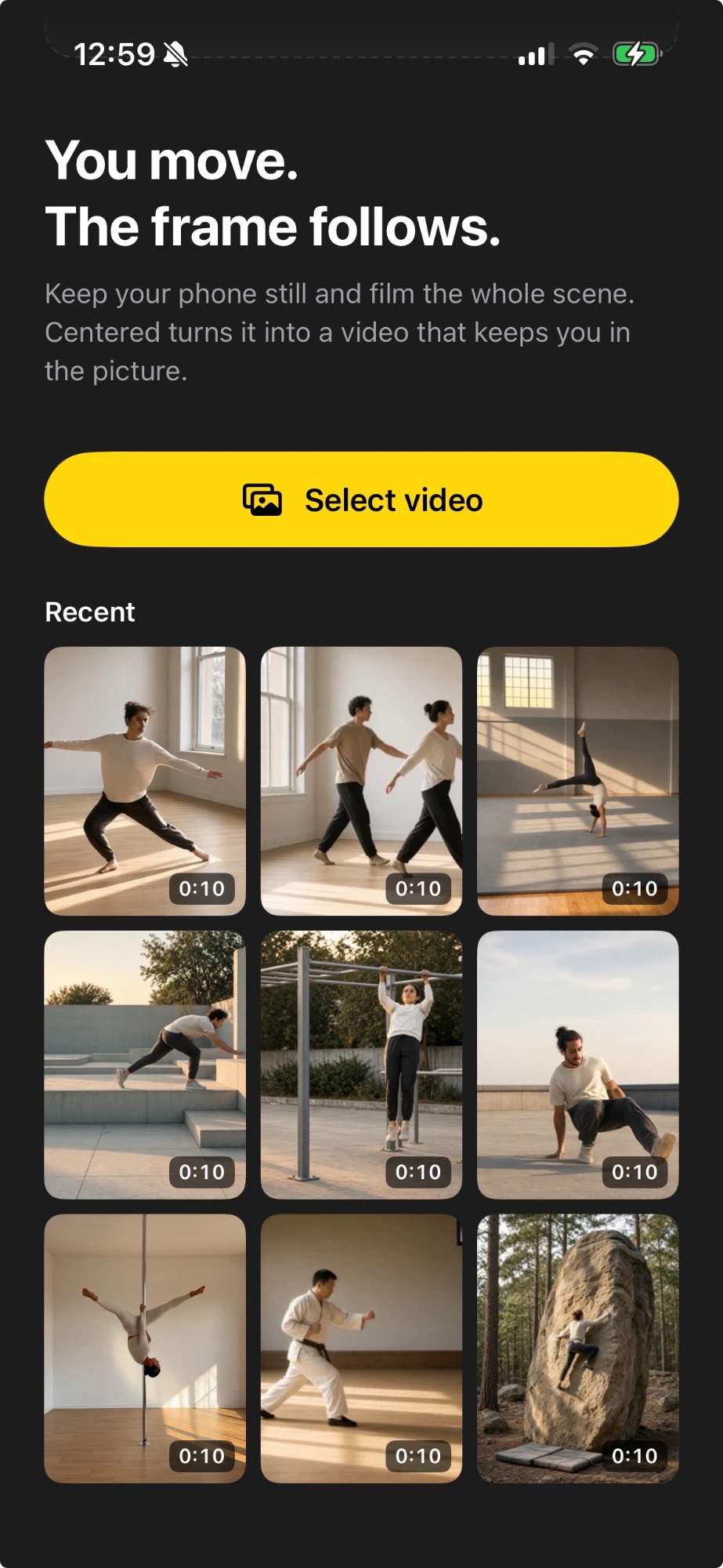 Start screen: Select video, and below it recent clips of dance, gymnastics, parkour, calisthenics, breaking, pole, martial arts and climbing