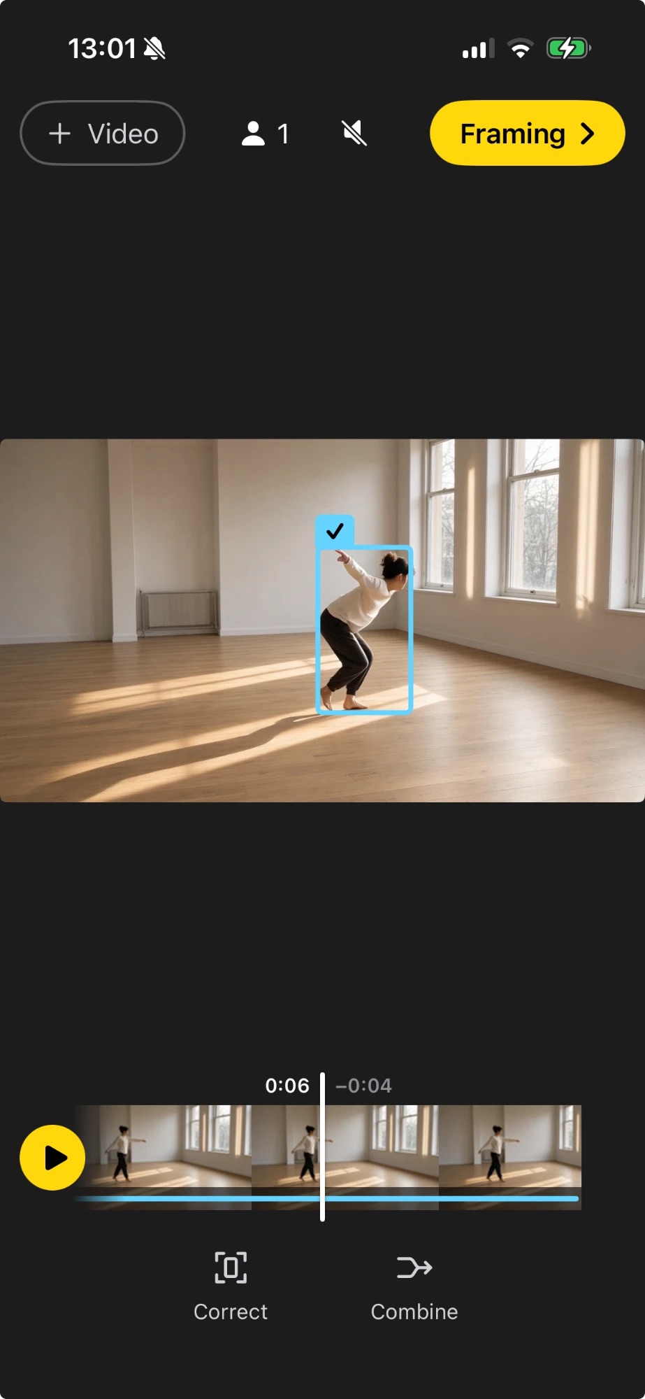 Tracking screen: a dancer in a sideways clip, her frame checked as the person to follow
